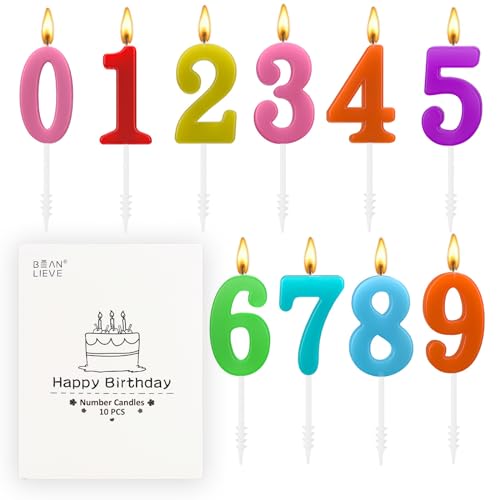 BEAN LIEVE 10 Stück Ziffern-Geburtstagskerzen – Kuchen-Zahlenkerzen, Zahlen 0–9, glitzernde Kuchendekoration für Geburtstag, Hochzeitstag und Partyfeier (bunt) von BEAN LIEVE