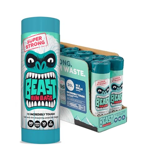 BEAST MÜLLBEUTEL, 10 Rollen mit 10 x 30 Liter Beuteln (insgesamt 100 Beutel) aus 100% recyceltem LLDPE. Unglaublich starke, hohe und schmale blaue Müllbeutel mit Pedal und Kordelzug. von BEAST BIN BAGS