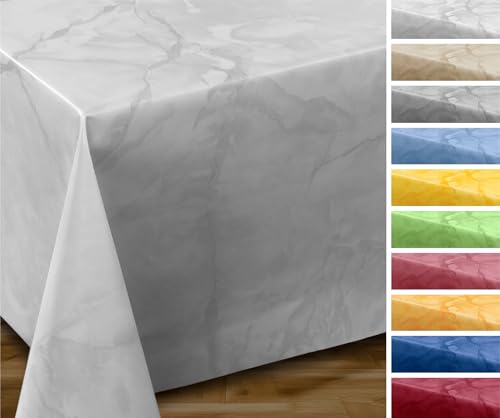 BEAUTEX Wachstuchtischdecke abwischbar, OVAL RUND ECKIG, fleckenabweisende Gartentischdecke Marmorstein, zuschneidbare Wachstuch Tischdecke (Eckig 140x220 cm, Weiß) von BEAUTEX