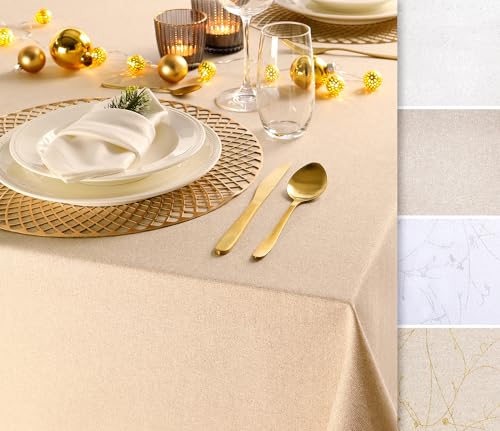 Baumwolle Tischdecke mit Fleckenschutz, glänzend, hochwertige Saumverarbeitung, Größe und Farbe wählbar (Eckig 130x220 cm, Prag-beige/Gold) von BEAUTEX