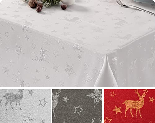 Lurex Nordpol Elch Tischdecke, Silber oder Gold glänzend, Weihnachtstischdecke Tischläufer, Größe und Farbe wählbar (Eckig 40x150 cm, Weiß-Silber) von BEAUTEX