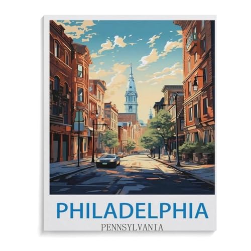 BEAYODKP DIY Malen nach Zahlen，Vintages Reiseplakat Philadelphia Pennsylvania，diy malen nach zahlen erwachsene landsch Mit Pinsel und Acrylfarbe Erwachsenenfarbe nach Zahlen Kits Kunst（30x40cm）-C74 von BEAYODKP