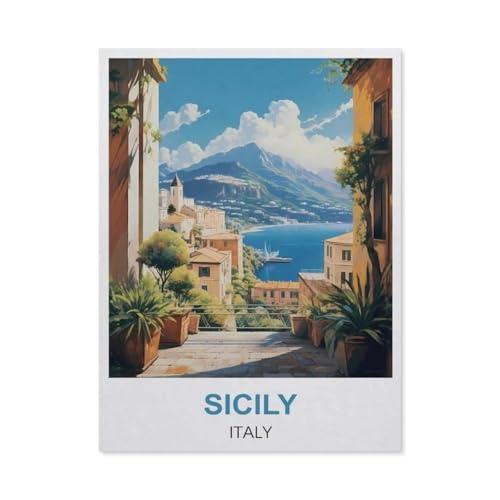 BEAYODKP Malen Nach Zahlen Erwachsene，Sizilien, Italien，Malen Nach Zahlen Mit Pinseln und Acrylfarbe,DIY Set Basteln Erwachsene mit Pinseln und Acrylfarben für Home Decor（30x40cm） 11.8x15.7 Zoll-EL10 von BEAYODKP