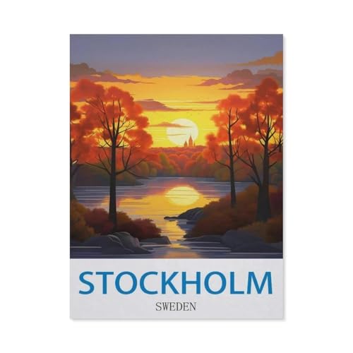 BEAYODKP Malen Nach Zahlen Erwachsene，Stockholm, Schweden – Vintage Reiseplakat，DIY Handgemalt Ölgemälde Kit für Anfänger und Erwachsene,kreatives Geschenk, Home Deko（50x60cm） 19.6x23.6 pouces-DE4 von BEAYODKP