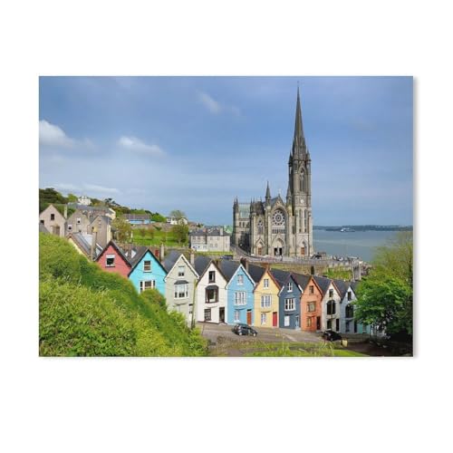 BEAYODKP Malen nach Zahlen Kits,Bunte Reihenhäuser vor der Kathedrale von Cobh, County Cork, Irland,DIY Acrylmalerei nach Zahlen für Kinder & Erwachsene & Anfänger（50x60cm） 19.6x23.6 Zoll-510 von BEAYODKP
