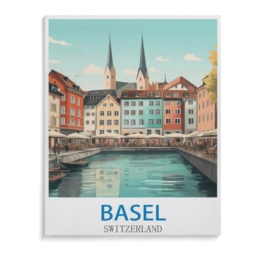 BEAYODKP Vintages Reiseplakat Basels Schweiz，nach Zahlen für Erwachsene, DIY-Malen-nach-Zahlen-Kits für Kinder, Anfänger, Rahmenlose Leinwand（40x50cm） 15.7x19.6 Zoll-D78 von BEAYODKP