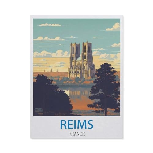 Malen Nach Zahlen Erwachsene Kinder，Reims, Frankreich – Vintage Reiseplakate，Leinen Segeltuch, DIY Ölgemälde Weihnachten Geschenke Ohne Rahmen Wand Kunst Hauptdekoration（50x60cm）19.6x23.6 pouces-DD85 von BEAYODKP