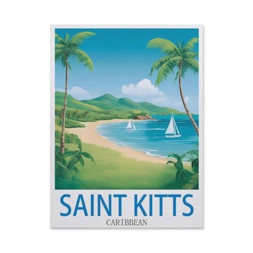 Malen nach Zahlen，Saint Kitts, Karibik – Vintage Reiseplakate，diy malen nach zahlen erwachsene landsch Mit Pinsel und Acrylfarbe Kits Theme Digital Home Wall Artwork（50x60cm）19.6x23.6 pouces-DB69 von BEAYODKP