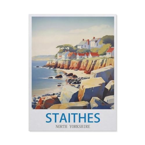 nach Zahlen für Erwachsene，Staithes, North Yorkshire – Vintage Reiseplakate，DIY Ölgemälde Kits Malen nach Zahlen Zeichnen auf Leinwand Kunst Wohnkultur Geschenke（50x60cm）19.6x23.6 pouces-DC11 von BEAYODKP