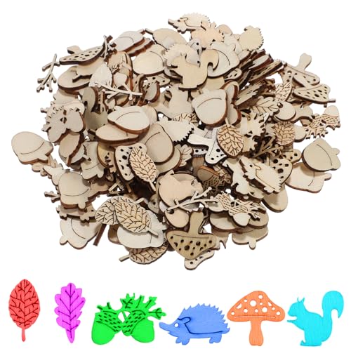 BEBEMOKO 200 Stück Holzfiguren Bastelset Unbehandelte Holzscheiben für DIY Projekte Verschiedene Formen von Tieren Bäumen und Blättern Natürliches Bastelmaterial für Kreative Dekorationen von BEBEMOKO