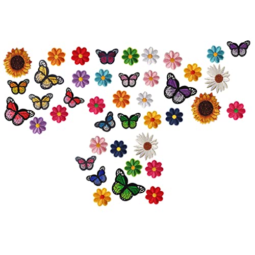 BEBEMOKO 42 Stück Cartoon bestickte Blumen und Schmetterlinge zum Nähen von Kleidung, Reparatur und Dekoration, bunte Applikationen für Taschen, Hüte und Schuhe, sicheres und langlebiges Material von BEBEMOKO