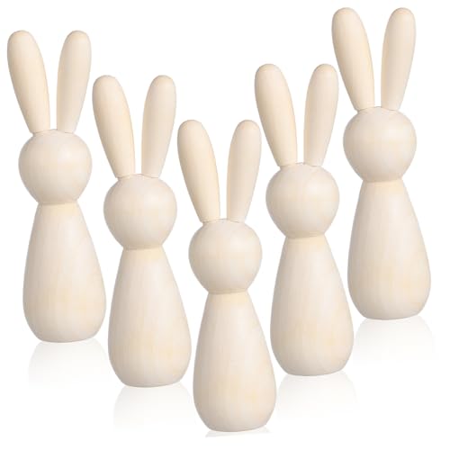 BEBEMOKO 5 Stück unlackierte Holz-Hasen-Ornamente für Bastelprojekte, Holz-Hasen-Figuren für Zuhause, Tischdekoration und Festival-Dekoration von BEBEMOKO