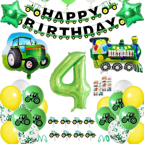 BECILES Traktor Geburtstag Deko,Folienballon Zahl in 4 Grün,Folienballon Traktor,Traktor Luftballons mit Happy Birthday Girlande für Kindergeburtstag Geburtstagdeko von BECILES
