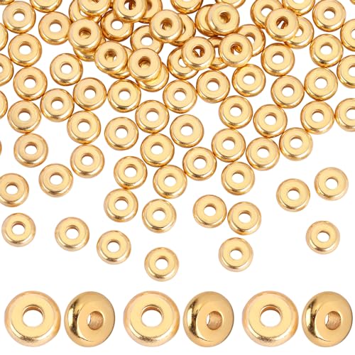 BEEFLYING 100 Stück 5 mm Flache runde Abstandsperlen aus Edelstahl scheibenförmige lose Abstandsperlen für Armbänder, Halsketten, Ohrringe, DIY, 18 Karat vergoldete Edelstahl-Rondelle-Abstandshalter von BEEFLYING