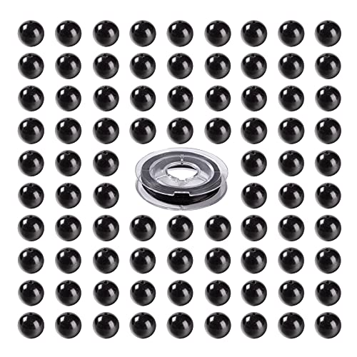 BEEFLYING 100 Stück 8mm Naturschwarzer Stein Runde Perlen Facettierte Edelstein Perlen Halbedellose Lose Abstandsperlen für Schmuck Halskette Armband Herstellung von BEEFLYING