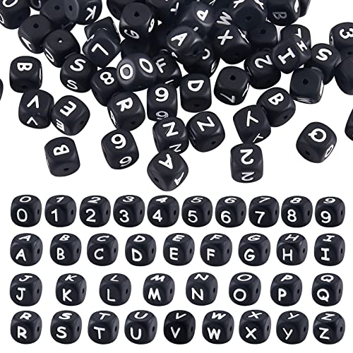 BEEFLYING 108 Schwarze White Würfel Silikonperlen 12x12x12 mm, mit 2 mm Lochabstandshalter Lose Buchstabenperlen, für Armbänder Halsketten Schmuckherstellung,kette selber machen set von BEEFLYING