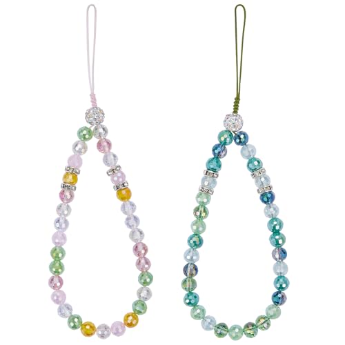 BEEFLYING 2 STK. Kristallperlen-Handyband-Anhänger Riemen Bling Glasperlen-Handgelenkband-Kette Damen-Handgelenkschlaufe (Pink & Grün) von BEEFLYING