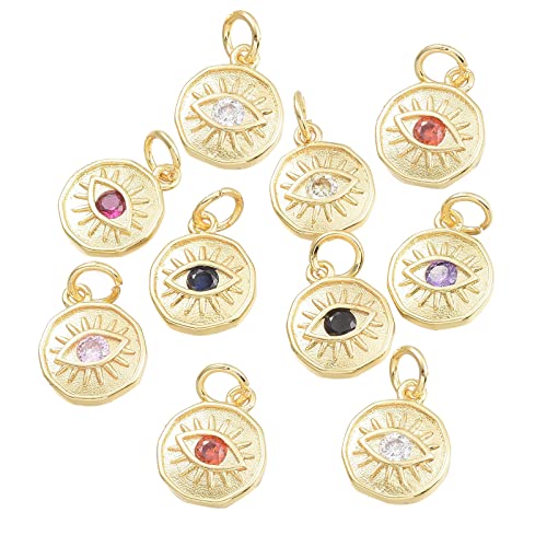 BEEFLYING 20 Stück Evil Eye Charms Anhänger Echt 18K Vergoldet Messing Charm Flach Rund Mit Auge Anhänger Für DIY Armband Halskette Ohrringe Schmuckherstellung Zubehör von BEEFLYING