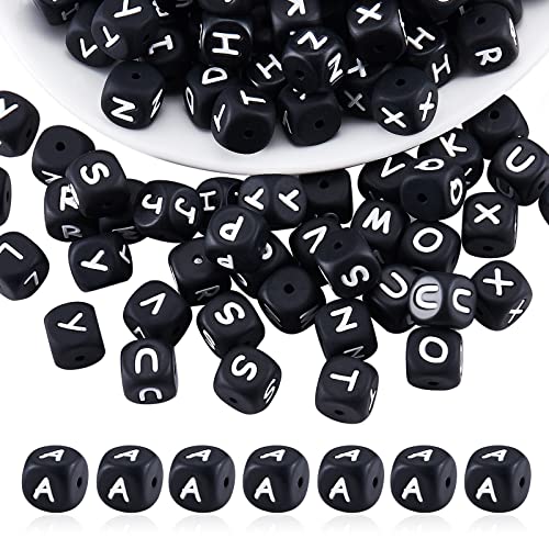BEEFLYING 20 Stück Schwarzer Würfel Buchstabe A Silikonperlen 12x12x12 mm, mit 2 mm Lochabstandshalter Lose Buchstabenperlen,für Armbänder Halsketten Schmuckherstellung,kette selber machen set von BEEFLYING