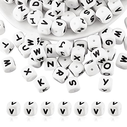 BEEFLYING 20 Stück Weißer Würfel Buchstabe V Silikonperlen 12x12x12 mm Quadratische Würfel Alphabetperlen mit 2 mm Lochabstandshalter Lose Buchstabenperlen für Armbänder Halsketten Schmuckherstellung von BEEFLYING