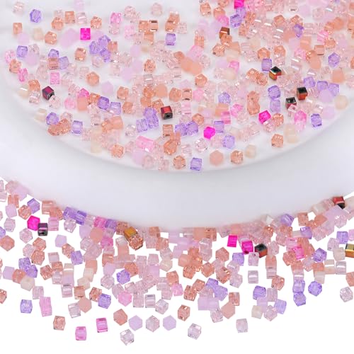 BEEFLYING 200 Stück 3 mm Würfel-Kristallglasperlen für die Schmuckherstellung, quadratische Glas-Abstandsperlen für Armbänder, Halsketten, Ohrringe, Bastelarbeiten, Heimdekoration (Rosa) von BEEFLYING