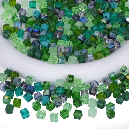 BEEFLYING 200 Stück 6 mm Würfel-Kristallglasperlen für die Schmuckherstellung, quadratische Glas-Abstandsperlen für Armbänder, Halsketten, Ohrringe, Bastelarbeiten, Heimdekoration (grün) von BEEFLYING