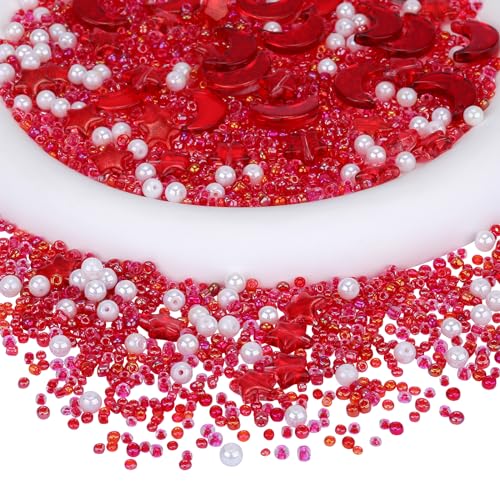 BEEFLYING 2220 Stück gemischte Stern-Mond-förmige Glas-Abstandsperlen, runde Perlen, Acrylperlen, Rocailles für DIY-Schmuckherstellung (rot) von BEEFLYING