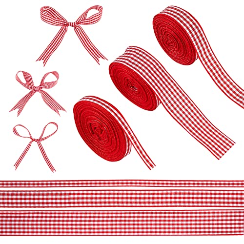 BEEFLYING 3 Rollen Rotes Ginghamband Picknick Craft Ribbon Polyester Kariertes Band Gingham Woven Edge Ribbon Für Geschenkpaketverpackung Nähen Haarschleife von BEEFLYING