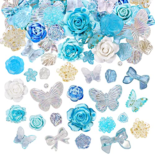 BEEFLYING 50 Gramm Blumenperlen Mit Flachem Boden Cabochon-Harz Flach Blumen Harz Cabochons Transparent Zur Schmuckherstellung, Scrapbooking, Handyhüllendekoration,Blau von BEEFLYING