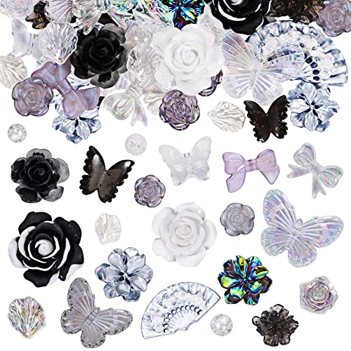 BEEFLYING 50 Gramm Blumenperlen Mit Flachem Boden Cabochon-Harz Flach Blumen Harz Cabochons Transparent Zur Schmuckherstellung, Scrapbooking, Handyhüllendekoration,Schwarz von BEEFLYING