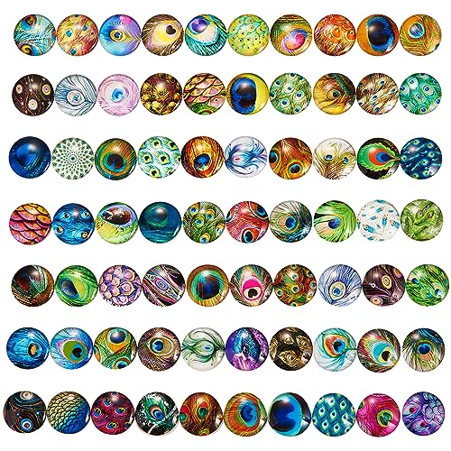 BEEFLYING 70 Stück Pfauenfedern Cabochons aus Glas mit flacher Rückseite, Cabochons aus Glas, bedruckt, Mosaik, Kuppelsteine aus farbigem Glas, zur Schmuckherstellung von BEEFLYING