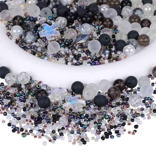 BEEFLYING 700-teiliges Glasperlen-Schmuckherstellungsset, verschiedene runde Kristall-DIY-Perlen mit Ozeanperlen und Rocaillesperlen für die Herstellung von Armbändern, Halsketten, Ohrringen (schwarz) von BEEFLYING