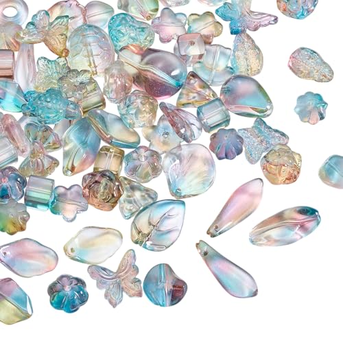 BEEFLYING 80 Stück transparente Glasperlen, gemischt, zufälliger Stil, Stern, Blume, Blatt, Schmetterling, Fisch, Perlen für die Armbänder, Halsketten, Schlüsselband, DIY, Bunt von BEEFLYING