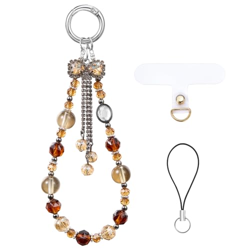 BEEFLYING Kristallperlen-Handyarmband, Braune Handy-Schleifenanhänger-Kette, Handy-Handgelenkband-Lanyard Für Frauen Mädchen, Schlüsselring-Anhänger Für Handy Kamera Taschenzubehör (Braun) von BEEFLYING