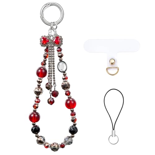 BEEFLYING Kristallperlen-Handyarmband, Rote Handy-Schleifenanhänger-Kette, Handy-Handgelenkband-Lanyard Für Frauen Mädchen, Schlüsselring-Anhänger Für Handy Kamera Taschenzubehör von BEEFLYING