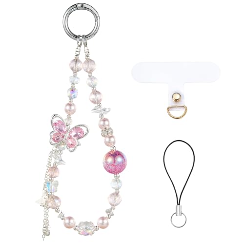 BEEFLYING Pinkfarbener Perlen-Handyanhänger Gurt, Süßer Handy-Anhänger Lanyard, Handgefertigtes Schmetterlings-Perlen-Handgelenkband Für Frauen & Mädchen, Kawaii Handyhüllen- & Taschenzubehör von BEEFLYING