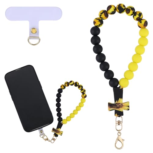 BEEFLYING Silikonperlen-Handyhandgelenkriemen mit Kreuz, Handy-Lanyard mit Befestigungsschlaufe, elastisches, freihändiges Handgelenkarmband für Telefon-Schlüsselanhänger (Gelb und Schwarz) von BEEFLYING