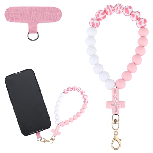 BEEFLYING Silikonperlen-Handyhandgelenkriemen mit Kreuz, Handy-Lanyard mit Befestigungsschlaufe, elastisches, freihändiges Handgelenkarmband für Telefon-Schlüsselanhänger (Rosa & Weiß) von BEEFLYING