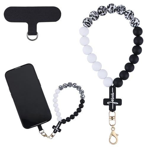 BEEFLYING Silikonperlen-Handyhandgelenkriemen mit Kreuz, Handy-Lanyard mit Befestigungsschlaufe, elastisches, freihändiges Handgelenkarmband für Telefon-Schlüsselanhänger (Schwarz und Weiß) von BEEFLYING