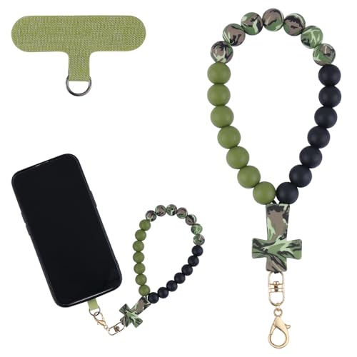 BEEFLYING Silikonperlen-Handyhandgelenkriemen mit Kreuz, Handy-Lanyard mit Befestigungsschlaufe, elastisches, freihändiges Handgelenkarmband für Telefon-Schlüsselanhänger (Tarnung und Schwarz) von BEEFLYING