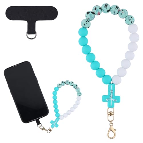 BEEFLYING Silikonperlen-Handyhandgelenkriemen mit Kreuz, Handy-Lanyard mit Befestigungsschlaufe, elastisches, freihändiges Handgelenkarmband für Telefon-Schlüsselanhänger (Türkis und Weiß) von BEEFLYING