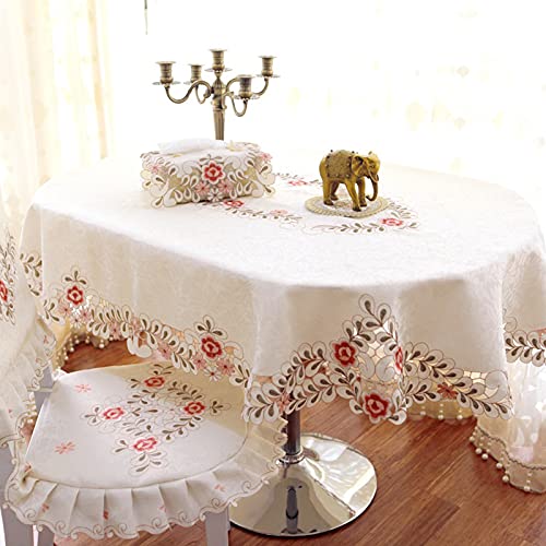 BEEK KGXD Weiße Vintage bestickte Spitze Grau Tischdecke Luxus Cutwork Deckchen Oval (Rosa Blume, 130 x 172 cm), Acrylic, Beige von BEEK