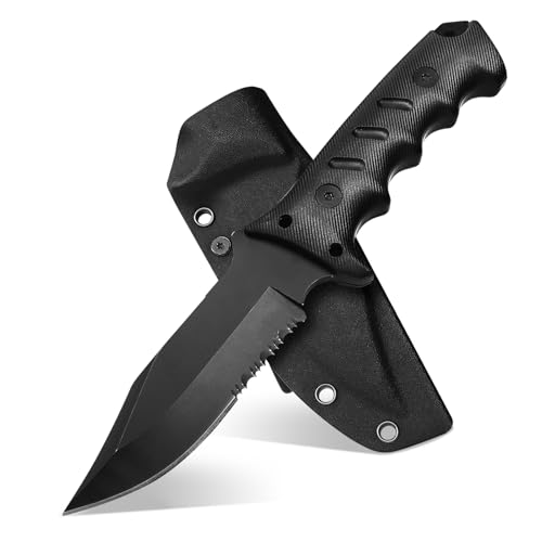 BEEK Outdoor Messer Survival Schwarz, Bushcraft Messer Feststehende Klinge, Outdoormesser mit Scheide, Full Tang Gürtelmesser mit Säge für Camping von BEEK