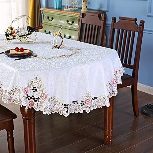 BEEK Weiße Vintage bestickte Spitze Tischdecke Rosa Grau Blumen Tischdecke Luxus Cutwork Deckchen Oval (Rosa Blume, 130 x 172 cm) von BEEK