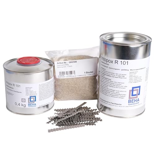 1,2 kg Epoxidharz, Gießharz, Rissharz + 30 Stck. Estrichklammern + 500g Quarzsand von BEHA