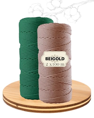 BEIGOLD® Premium Makramee Garn 2er Set- Grün+Braun (3mm x 100m) für wunderschöne natürliche Optik. Baumwollgarn für Makramee Kunst DIY Handwerk von BEIGOLD