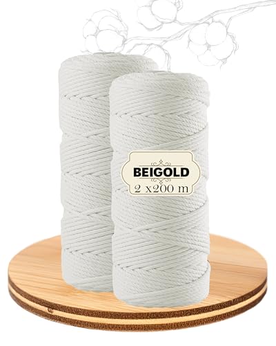 BEIGOLD® Premium Makramee Garn 3mm x 200m - Makramee Set Basic Natur (2 x 200m) - Baumwollmischgarn zum Knüpfen von Macrame - Rope Garn - Makramee Garn Set aus Baumwolle für Kunst DIY von BEIGOLD