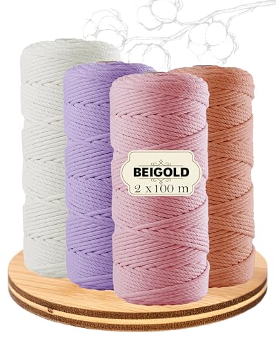 BEIGOLD® Premium Makramee Garn 3mm x 100m - Makramee Set Bunt 1 (Natur,Rosa,Lila,Lachs)- Baumwollmischgarn zum Knüpfen von Macrame - Rope Garn - Makramee Garn Set aus Baumwolle für Kunst DIY von BEIGOLD