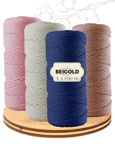 BEIGOLD® Premium Makramee Garn 3mm x 100m - Makramee Set Bunt 2 (Blau,Rose, Natur, Braun) - Baumwollmischgarn zum Knüpfen von Macrame - Rope Garn - Makramee Garn Set aus Baumwolle für Kunst DIY von BEIGOLD