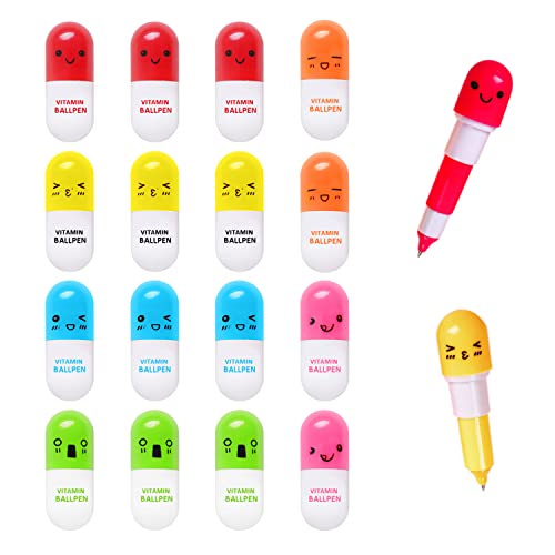 16 Stück Mini Vitamin Kugelschreiber in Form einer Kapsel mit Ausdruck Kawaii Gesicht Einziehbarer Kugelschreiber Geschenk Tragbarer Kugelschreiber für Schule, Büro und Zuhause (6 Farben) von BEIIEB